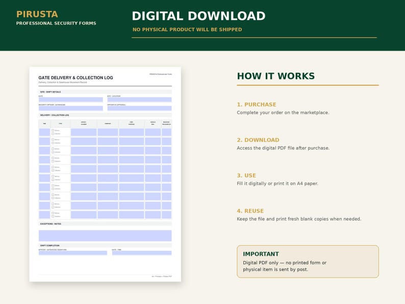 Peut inclure: Un mod&egrave;le de t&eacute;l&eacute;chargement num&eacute;rique pour un journal de livraison et de collecte. Le formulaire comprend des champs pour les d&eacute;tails du site, les informations de quart et un tableau de suivi. La partie droite affiche les instructions.