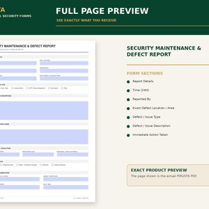 May include: A white Security Maintenance & Defect Report form with light blue input fields. The document includes sections for report details, defect issue type, description, immediate action taken, notification escalation, current status, and follow-up completion.