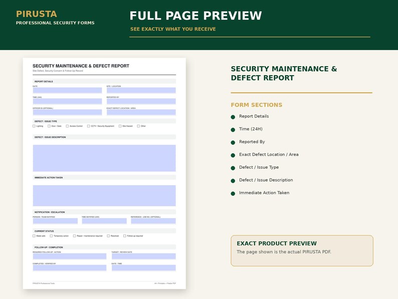 May include: A white Security Maintenance & Defect Report form with light blue input fields. The document includes sections for report details, defect issue type, description, immediate action taken, notification escalation, current status, and follow-up completion.