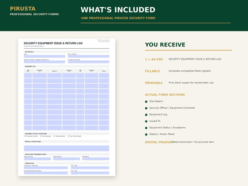Puede incluir: Un formulario digital de registro de emisi&oacute;n y devoluci&oacute;n de equipos de seguridad en tama&ntilde;o A4. El documento incluye secciones para detalles del sitio, registros de equipos, excepciones de estado y firmas de verificaci&oacute;n para uso digital o impreso.