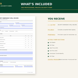 Peut inclure: Un formulaire num&eacute;rique de registre d'exercice de s&eacute;curit&eacute; d'urgence par Pirusta. Le document comprend des sections pour les d&eacute;tails de l'exercice, les v&eacute;rifications, les observations, les actions correctives et les signatures. Format A4 PDF.