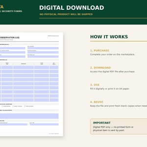 Pu&ograve; includere: Un download digitale di un modulo di registro di osservazione CCTV di Pirusta Professional Security Forms. Il documento presenta sezioni per i dettagli del turno, una griglia per i registri, eccezioni di stato e note.