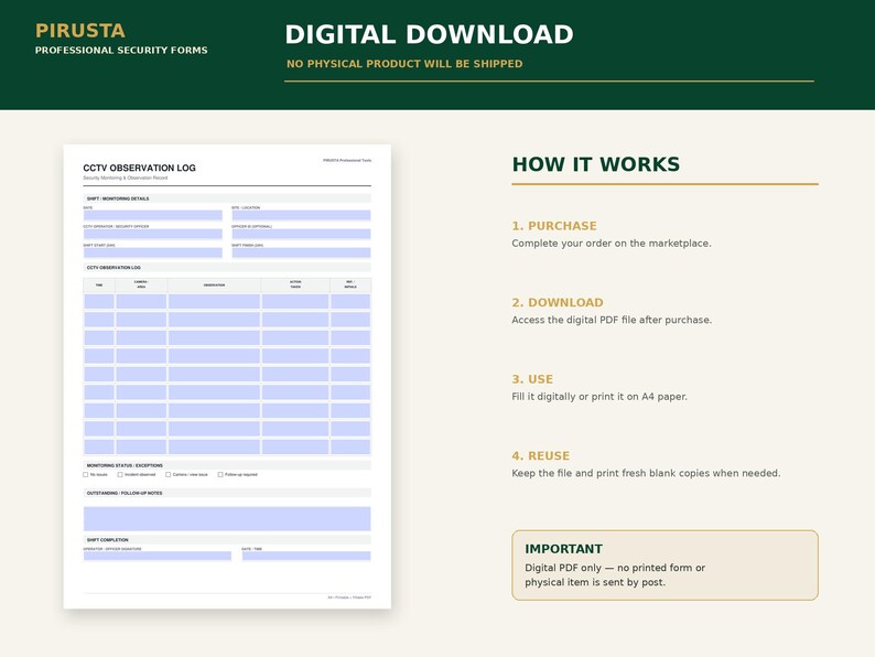 Pu&ograve; includere: Un download digitale di un modulo di registro di osservazione CCTV di Pirusta Professional Security Forms. Il documento presenta sezioni per i dettagli del turno, una griglia per i registri, eccezioni di stato e note.