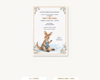 Bewerkbare uitnodiging voor een babyshower, Canva-sjabloon met Jack de kangoeroe, printbaar (5x7 inch) en digitale uitnodiging voor mobiel.