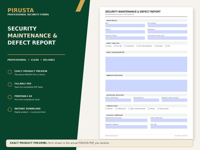 May include: A white Security Maintenance & Defect Report form with light blue fillable fields. The document includes sections for report details, defect type, issue description, action taken, escalation, status, and follow-up completion information.