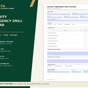 Peut inclure: Un formulaire blanc de rapport d'exercice d'urgence de s&eacute;curit&eacute; avec du texte noir et des champs remplissables bleu clair. Le document comprend des sections pour les d&eacute;tails de l'exercice, le contr&ocirc;le de r&eacute;ponse, les observations et la signature.