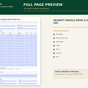 Peut inclure: Un formulaire de registre d'entr&eacute;e et de sortie des v&eacute;hicules de s&eacute;curit&eacute; blanc avec des champs &agrave; remplir bleu clair. Le document comprend des sections pour les d&eacute;tails du site, le registre d'acc&egrave;s, les exceptions, les notes et la fin de service.