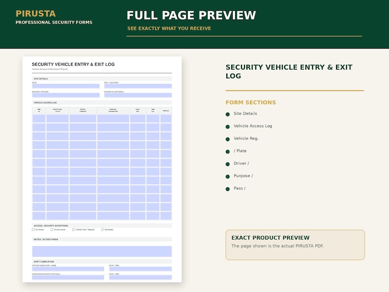 Peut inclure: Un formulaire de registre d'entr&eacute;e et de sortie des v&eacute;hicules de s&eacute;curit&eacute; blanc avec des champs &agrave; remplir bleu clair. Le document comprend des sections pour les d&eacute;tails du site, le registre d'acc&egrave;s, les exceptions, les notes et la fin de service.