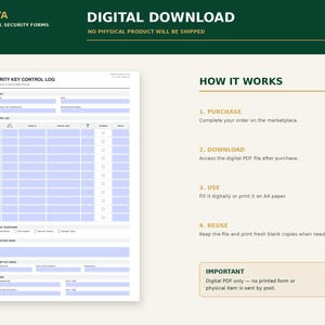 K&ouml;nnte beinhalten: Ein digitales Sicherheitsschl&uuml;ssel-Kontrollprotokoll-Formular mit einer Tabelle zur Nachverfolgung der Schl&uuml;sselausgabe, -r&uuml;ckgabe und -verantwortung. Das Dokument enth&auml;lt Abschnitte f&uuml;r Standortdetails, Statusausnahmen, Aufgaben und Unterschriften.
