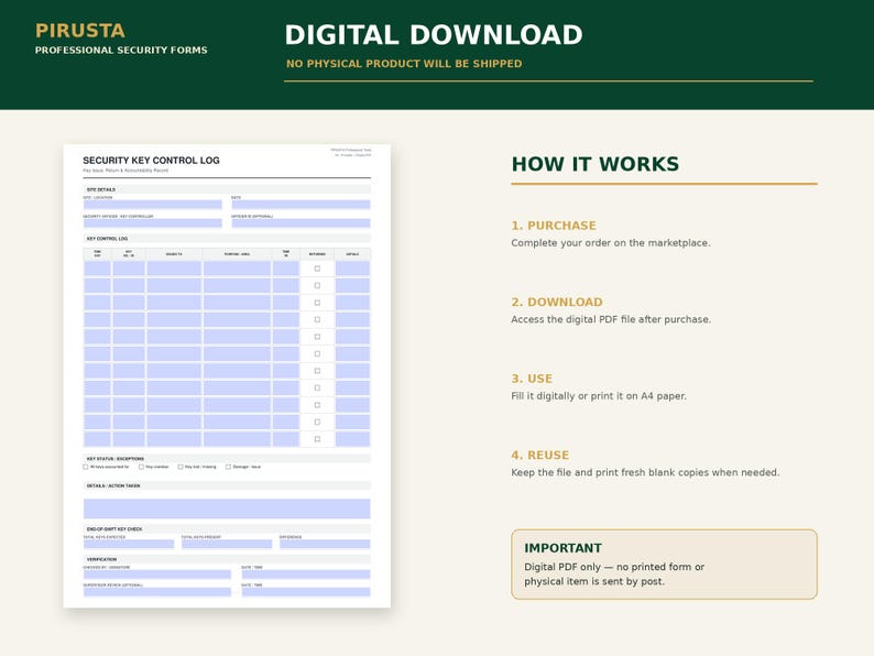 K&ouml;nnte beinhalten: Ein digitales Sicherheitsschl&uuml;ssel-Kontrollprotokoll-Formular mit einer Tabelle zur Nachverfolgung der Schl&uuml;sselausgabe, -r&uuml;ckgabe und -verantwortung. Das Dokument enth&auml;lt Abschnitte f&uuml;r Standortdetails, Statusausnahmen, Aufgaben und Unterschriften.