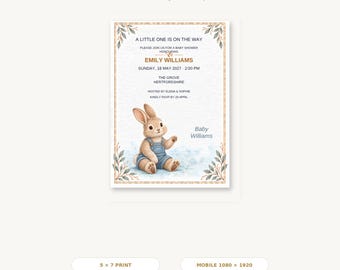 Bewerkbare uitnodiging voor een babyshower, Archie Bunny Canva-sjabloon, printbare uitnodiging (5x7 inch) en digitale uitnodiging voor mobiel.