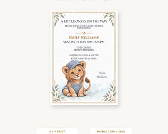 Bewerkbare uitnodiging voor een babyshower, Luca leeuwenwelp Canva-sjabloon, printbaar 5x7 inch en digitaal voor mobiel