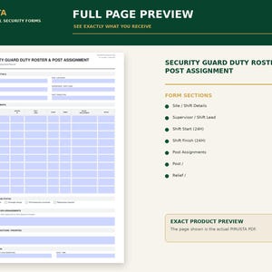 Puede incluir: Un formulario blanco de lista de servicio de guardia de seguridad y asignaci&oacute;n de puestos con campos rellenables en azul claro. El documento incluye secciones para detalles del sitio, horarios de inicio y fin de turno, asignaciones y firmas.