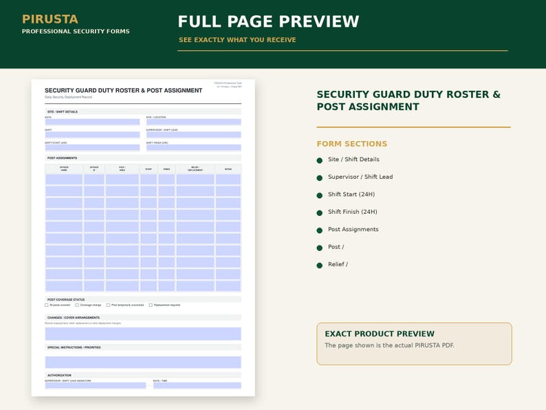 Puede incluir: Un formulario blanco de lista de servicio de guardia de seguridad y asignaci&oacute;n de puestos con campos rellenables en azul claro. El documento incluye secciones para detalles del sitio, horarios de inicio y fin de turno, asignaciones y firmas.