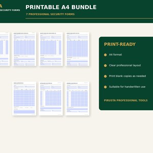 Puede incluir: Un paquete digital de siete formularios de seguridad profesionales en formato A4. Los documentos presentan un dise&ntilde;o estructurado con secciones de cuadr&iacute;cula azules para ingresar datos. Un panel informativo verde oscuro detalla las funciones.