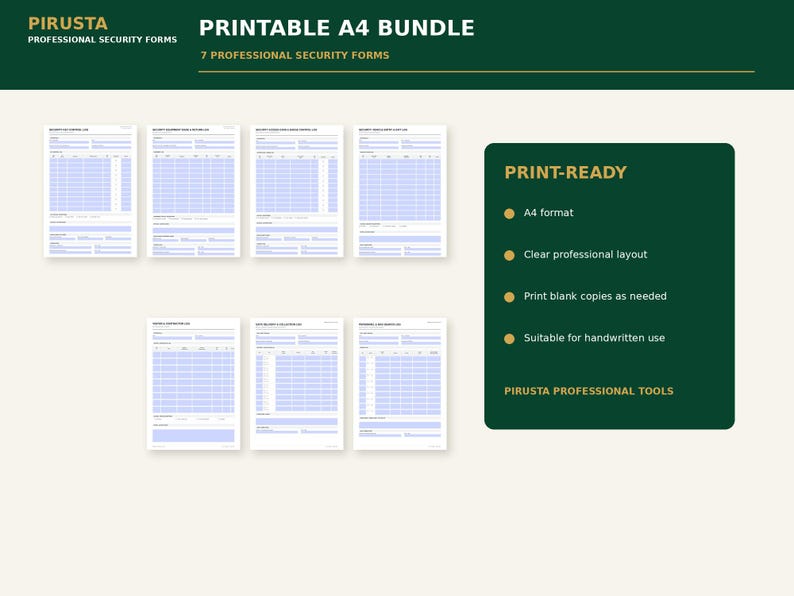 Puede incluir: Un paquete digital de siete formularios de seguridad profesionales en formato A4. Los documentos presentan un dise&ntilde;o estructurado con secciones de cuadr&iacute;cula azules para ingresar datos. Un panel informativo verde oscuro detalla las funciones.