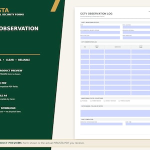 Pu&ograve; includere: Un modulo bianco per il registro di osservazione CCTV con testo nero e campi compilabili azzurri. Il documento include sezioni per i dettagli del turno, una griglia per i registri di osservazione e spazio per le note.