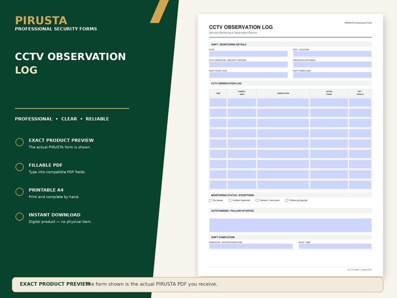 Pu&ograve; includere: Un modulo bianco per il registro di osservazione CCTV con testo nero e campi compilabili azzurri. Il documento include sezioni per i dettagli del turno, una griglia per i registri di osservazione e spazio per le note.