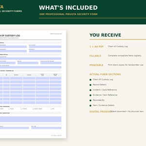 May include: A digital Pirusta professional security form featuring a Chain of Custody Log. The document includes sections for record details, item evidence, and transfer logs with fillable fields. It is an A4 PDF for digital or print use.