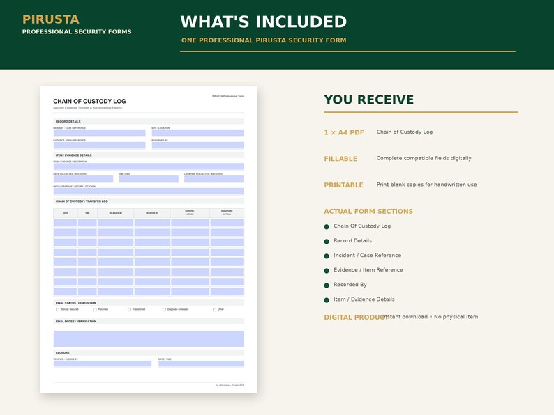 May include: A digital Pirusta professional security form featuring a Chain of Custody Log. The document includes sections for record details, item evidence, and transfer logs with fillable fields. It is an A4 PDF for digital or print use.