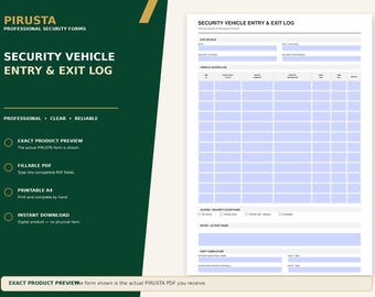 May include: A Security Vehicle Entry & Exit Log form featuring a grid for tracking vehicle access, site details, and security exceptions. The document includes fields for date, location, officer name, vehicle plate, and time in or out, presented in a clean layout.