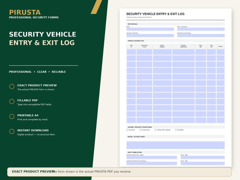 Peut inclure: Un formulaire de registre d'entr&eacute;e et de sortie des v&eacute;hicules de s&eacute;curit&eacute; avec une grille pour suivre les acc&egrave;s, les d&eacute;tails du site et les exceptions. Le document comprend des champs pour la date, le lieu, le nom de l'agent et les horaires.