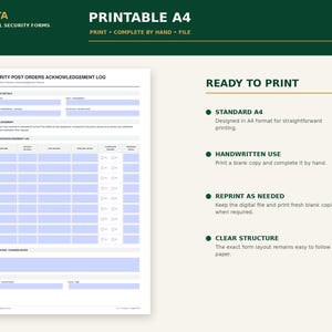 K&ouml;nnte beinhalten: Ein druckbares A4-Formular f&uuml;r ein Sicherheitsprotokoll mit einer dunkelgr&uuml;nen Kopfzeile, die den Text PIRUSTA PROFESSIONAL SECURITY FORMS enth&auml;lt. Das Dokument umfasst Abschnitte f&uuml;r Standortdetails, ein Protokoll zur Best&auml;tigung durch Beamte.