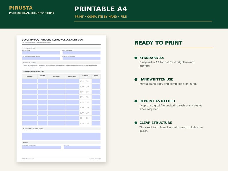 K&ouml;nnte beinhalten: Ein druckbares A4-Formular f&uuml;r ein Sicherheitsprotokoll mit einer dunkelgr&uuml;nen Kopfzeile, die den Text PIRUSTA PROFESSIONAL SECURITY FORMS enth&auml;lt. Das Dokument umfasst Abschnitte f&uuml;r Standortdetails, ein Protokoll zur Best&auml;tigung durch Beamte.