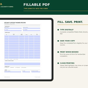 May include: A digital Security Officer Training Record fillable PDF template by Pirusta. The document features light blue input fields for officer details and training logs. Text includes FILLABLE PDF, TYPE DIRECTLY INTO THE FORM, and FILL. SAVE. PRINT.
