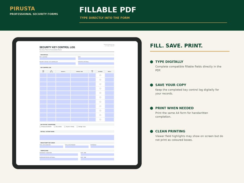 K&ouml;nnte beinhalten: Ein digitales Tablet zeigt ein Sicherheitsschl&uuml;ssel-Kontrollprotokoll-Formular mit hellblauen ausf&uuml;llbaren Feldern. Der Text lautet PIRUSTA PROFESSIONAL SECURITY FORMS, FILLABLE PDF, TYPE DIRECTLY INTO THE FORM sowie FILL. SAVE. PRINT. mit Anweisungen.