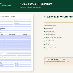 May include: A white Security Daily Activity Report form with light blue fillable fields. The document includes sections for shift details, keys, access items, a daily activity log, incident exceptions, follow-up notes, and shift completion signatures.
