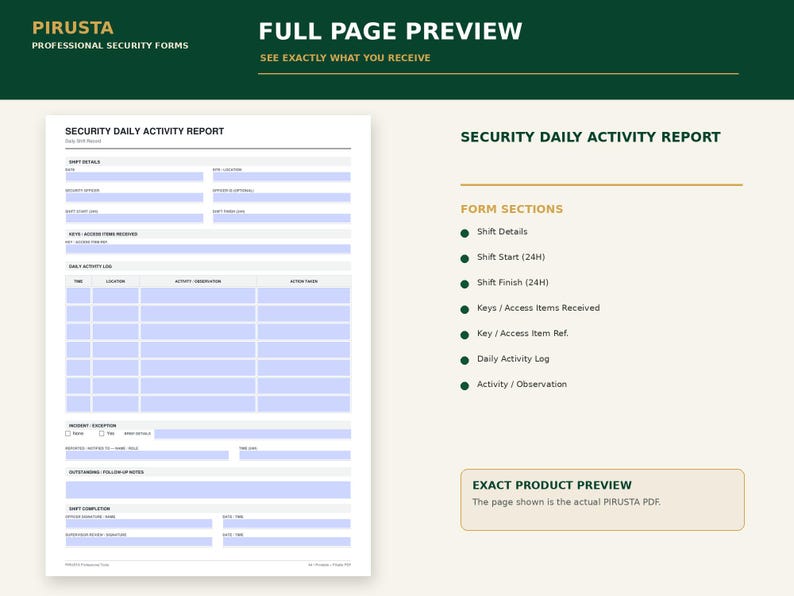 May include: A white Security Daily Activity Report form with light blue fillable fields. The document includes sections for shift details, keys, access items, a daily activity log, incident exceptions, follow-up notes, and shift completion signatures.