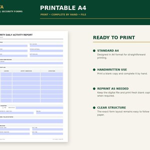 May include: A printable A4 security daily activity report form with light blue fillable fields. The document includes sections for shift details, access logs, incident reports, and follow-up notes, designed for manual completion after printing.
