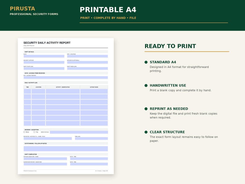 May include: A printable A4 security daily activity report form with light blue fillable fields. The document includes sections for shift details, access logs, incident reports, and follow-up notes, designed for manual completion after printing.