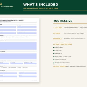 May include: A digital Security Maintenance & Defect Report form on an A4 page. The document features sections for report details, defect type, issue description, immediate action taken, notification escalation, current status, and follow-up completion.