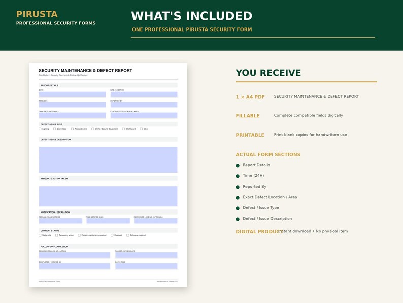 May include: A digital Security Maintenance & Defect Report form on an A4 page. The document features sections for report details, defect type, issue description, immediate action taken, notification escalation, current status, and follow-up completion.