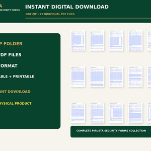 Może przedstawiać: Cyfrowa kolekcja 25 profesjonalnych formularzy bezpieczeństwa w formacie A4, dostarczona w jednym folderze ZIP zawierającym poszczeg&oacute;lne pliki PDF. Grafika przedstawia tekst PIRUSTA PROFESSIONAL SECURITY FORMS, INSTANT DIGITAL DOWNLOAD oraz COMPLETE PIRUSTA SECURITY FORMS COLLECTION obok miniatur dokument&oacute;w.