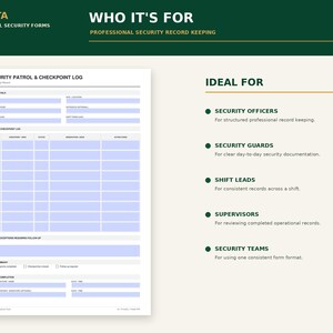 May include: A white security patrol and checkpoint log form with light blue fillable fields. The document includes sections for shift details, a patrol log grid, issues, shift summary, and report completion, with text headers in dark green and white.