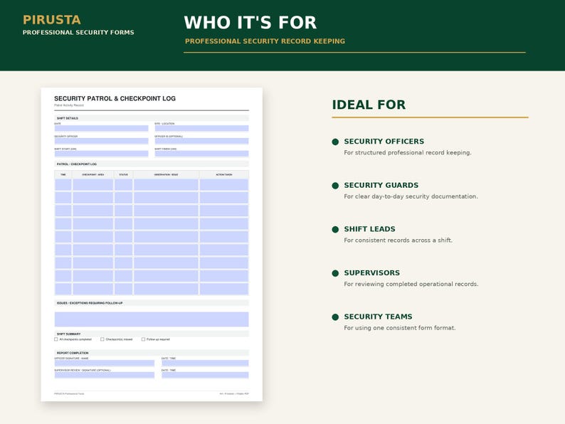 May include: A white security patrol and checkpoint log form with light blue fillable fields. The document includes sections for shift details, a patrol log grid, issues, shift summary, and report completion, with text headers in dark green and white.
