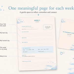 May include: A pregnancy journal set featuring a weekly planner page and a cover page. The pages are cream-colored with blue cloud and star illustrations. Text includes "One meaningful page for each week" and "MY PREGNANCY JOURNAL" with prompts for feelings, body changes, and baby notes.