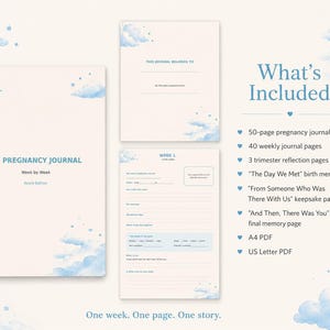 May include: A pregnancy journal with a light cream cover featuring blue watercolor clouds and stars. The text reads My Pregnancy Journal, Week by Week, Azure Edition. Includes 50 pages, weekly logs, trimester reflections, and memory pages in A4 and US Letter.