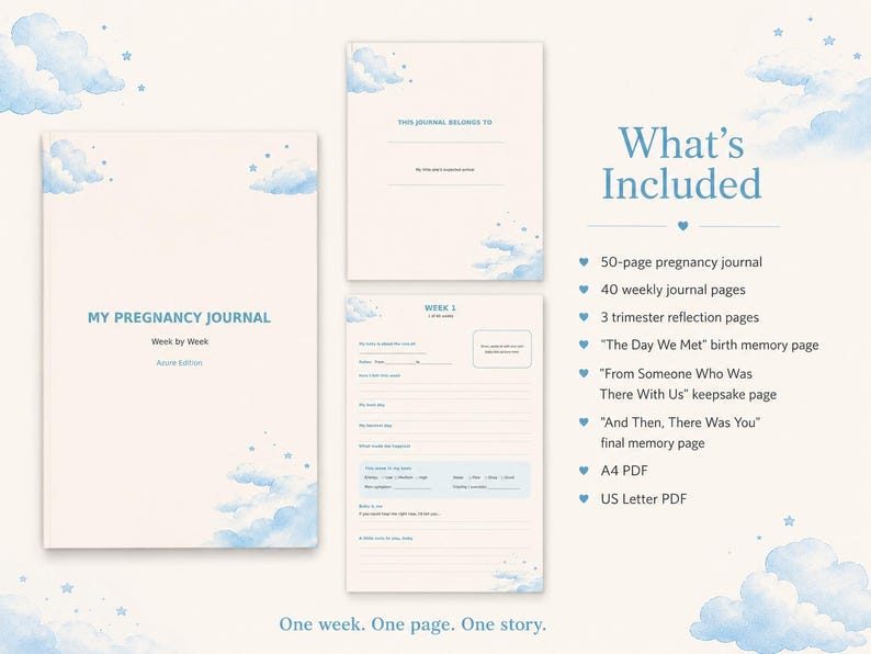 May include: A pregnancy journal with a light cream cover featuring blue watercolor clouds and stars. The text reads My Pregnancy Journal, Week by Week, Azure Edition. Includes 50 pages, weekly logs, trimester reflections, and memory pages in A4 and US Letter.