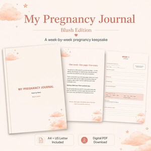 May include: A blush-coloured pregnancy journal titled My Pregnancy Journal Blush Edition, featuring a week-by-week keepsake format. The set includes a cover, an introductory page, and a Week 1 template with lines for notes, all decorated with soft pink clouds and stars.