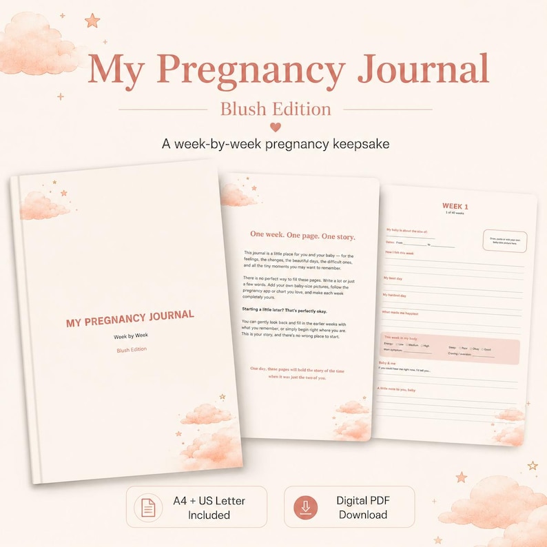 May include: A blush-coloured pregnancy journal titled My Pregnancy Journal Blush Edition, featuring a week-by-week keepsake format. The set includes a cover, an introductory page, and a Week 1 template with lines for notes, all decorated with soft pink clouds and stars.