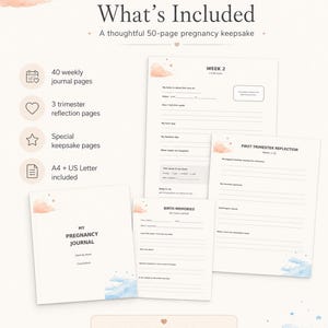 May include: A 50-page pregnancy journal digital PDF download featuring weekly journal pages, trimester reflection pages, and birth memory pages. The pages include text such as What's Included, Week 2, First Trimester Reflection, and My Pregnancy Journal.