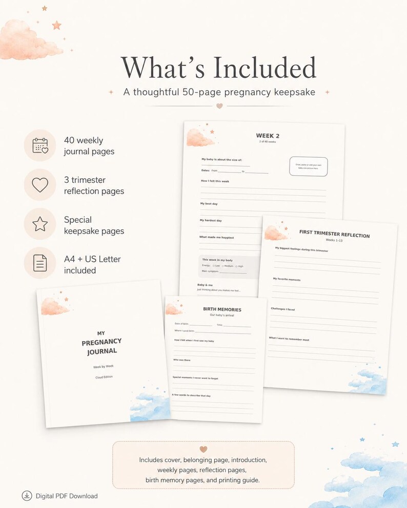 May include: A 50-page pregnancy journal digital PDF download featuring weekly journal pages, trimester reflection pages, and birth memory pages. The pages include text such as What's Included, Week 2, First Trimester Reflection, and My Pregnancy Journal.