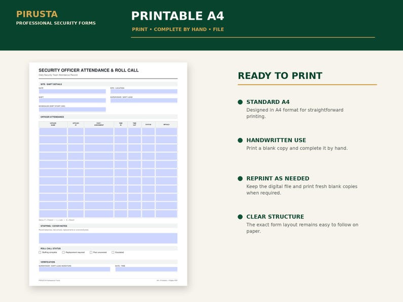 May include: A printable A4 security officer attendance and roll call form with light blue input fields. The document includes sections for shift details, officer attendance, staffing cover notes, roll call status, and verification signature lines.