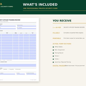 May include: A digital Security Officer Training Record form in A4 size. The document features sections for officer details, training records, and required training. It includes fillable fields for digital use and is printable for handwritten entries.