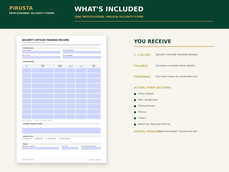 May include: A digital Security Officer Training Record form in A4 size. The document features sections for officer details, training records, and required training. It includes fillable fields for digital use and is printable for handwritten entries.