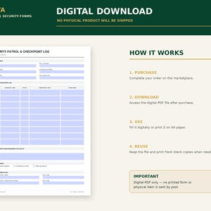 May include: A digital download of a Security Patrol & Checkpoint Log form. The document features sections for shift details, a patrol checkpoint list, notes, and a shift summary. The right side displays instructions labeled How It Works.